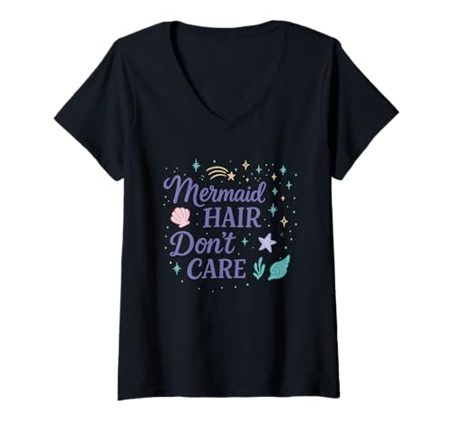 Damen Mermaid Hair Don't Care Pastell T-Shirt mit V-Ausschnitt von Pixie Dust & Memories
