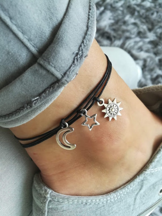 Sonnen Fußkettchen, Mond Stern Set Von 3 Festival Strand Silber Verstellbare Sommer Boho von PixieDustBeads