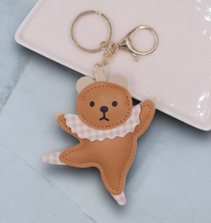 Cute Teddy Bear Keychain - Leather Charm With Gingham Collar Adorable Gift For Her, Bag Accessories, Aesthetic Key Ring Handmade von PixiePopGifts