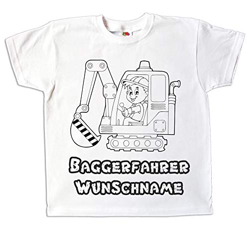 Kinder T-Shirt Bagger Jungen Baggerfahrer mit Namen individuell Bedruckt zum bemalen und ausmalen mit Vordruck Kindergeburtstag Kindergarten (116) von Pixkids