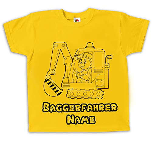 Kinder T-Shirt Baggerfahrer Bagger gelb Bedruckt mit Wunschname Geschenk für Jungen und Mädchen (104) von Pixkids