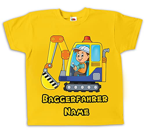 Kinder T-Shirt Baggerfahrer Bagger weiß oder gelb farbig Bedruckt mit Wunschname Geschenk für Jungen und Mädchen (104) von Pixkids