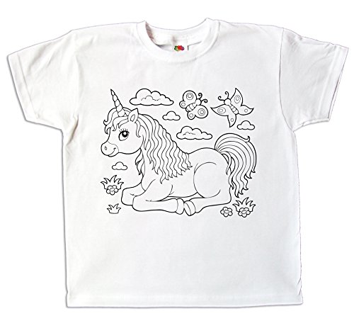 Kinder T-Shirt Einhorn für Mädchen zum bemalen und ausmalen mit Vordruck zum Kindergeburtstag kreatives Spiel und Geschenk (116) Weiß von Pixkids