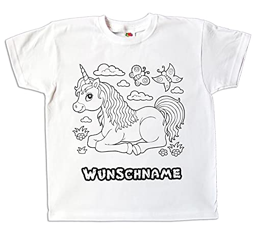 Kinder T-Shirt Einhorn für Mädchen mit Namen zum bemalen und ausmalen mit Vordruck zum Kindergeburtstag kreatives Spiel und Geschenk (128 mit Wunschname) von Pixkids