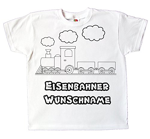 Kinder T-Shirt Eisenbahn Zug zum selber gestalten ausmalen und bemalen individuell mit Namen für Jungen und Mädchen (128) von Pixkids