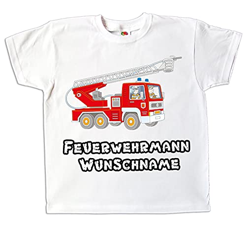 Kinder T-Shirt Feuerwehr Feuerwehrmann weiß farbig Bedruckt mit Wunschname Geschenk für Jungen und Mädchen (weiß, 104) von Pixkids