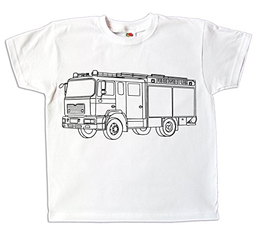 Kinder T-Shirt Feuerwehr zum bemalen und ausmalen mit Vordruck Spiel zum Kindergeburtstag Kindergarten für Jungen und Mädchen (116) von Pixkids