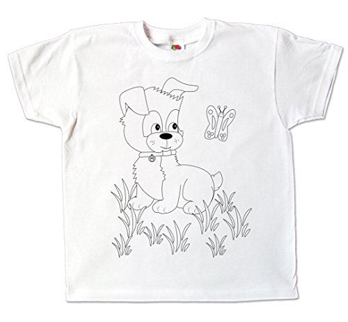 Pixkids Kinder T-Shirt Hund zum bemalen mit Vordruck Kindergeburtstag Kindergarten für Jungen und Mädchen (128) von Pixkids