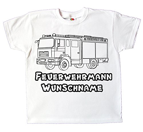 Kinder T-Shirt Mädchen mit Namen individuell Bedruckt Feuerwehr Feuerwehrauto zum bemalen und ausmalen mit Vordruck Kindergeburtstag Kindergarten (116) von Pixkids