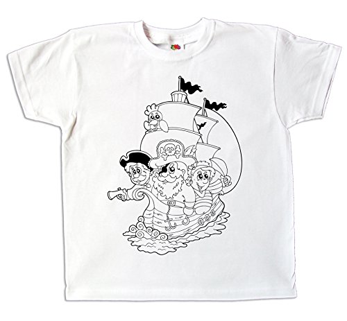 Kinder T-Shirt Piratenschiff Pirat zum bemalen und ausmalen mit Vordruck Spiel zum Kindergeburtstag (116) von Pixkids