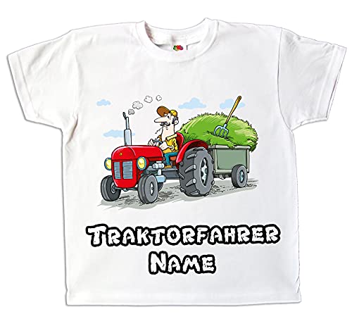 Kinder T-Shirt Traktor Traktorfahrer weiß oder grün farbig Bedruckt mit Wunschname Geschenk für Jungen und Mädchen (104) von Pixkids