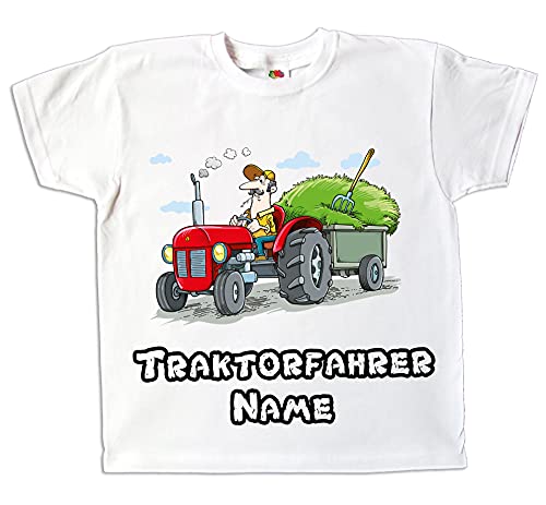 Kinder T-Shirt Traktor Traktorfahrer weiß oder grün farbig Bedruckt mit Wunschname Geschenk für Jungen und Mädchen (98) von Pixkids