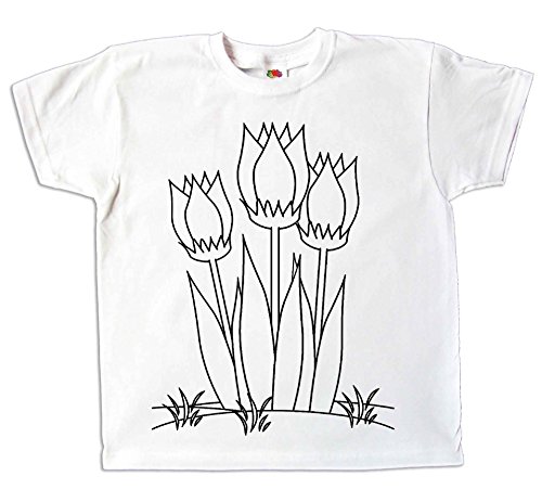 Kinder T-Shirt Tulpen Blumen zum bemalen und ausmalen mit Vordruck Spiel zum Kindergeburtstag Kindergarten oder als Ostergeschenk (116) von Pixkids