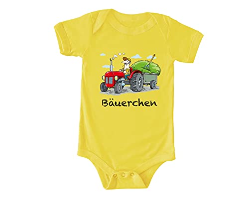 Pixkids Baby Jungen Strampler Traktor Traktorfahrer Bäuerchen gelb (6 Monate, gelb) von Pixkids