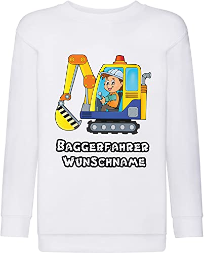 Pixkids Kinder Pullover Sweatshirt Baggerfahrer Bagger weiß oder gelb farbig Bedruckt mit Wunschname Geschenk für Jungen und Mädchen (104, weiß) von Pixkids