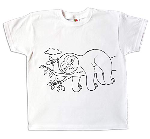 Pixkids Kinder T-Shirt Faultier zum bemalen und ausmalen mit Vordruck Spiel kreatives Geschenk für Jungen und Mädchen (116) von Pixkids