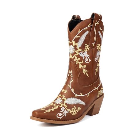 Pixoecuty Damen's Stiefel EmbroideRot Pattern Modeable Mid-calf Westlicherstiefel Damen's Schuhe Braun Asian Size 41 von Pixoecuty