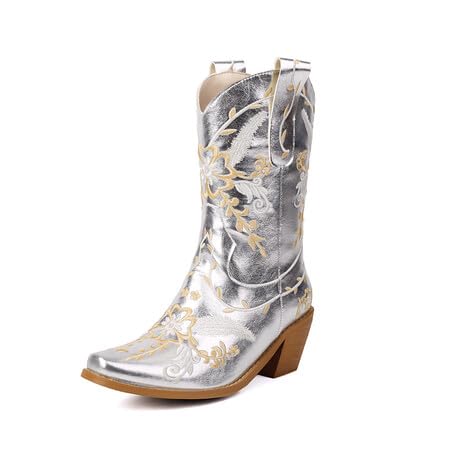 Pixoecuty Damen's Stiefel EmbroideRot Pattern Modeable Mid-calf Westlicherstiefel Damen's Schuhe Silber Asian Size 40 von Pixoecuty
