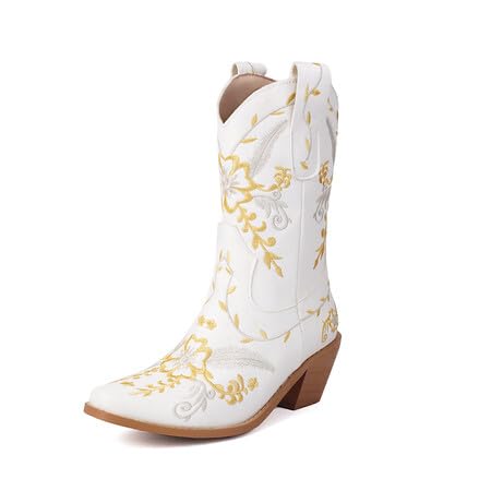 Pixoecuty Damen's Stiefel EmbroideRot Pattern Modeable Mid-calf Westlicherstiefel Damen's Schuhe Weiß Asian Size 45 von Pixoecuty