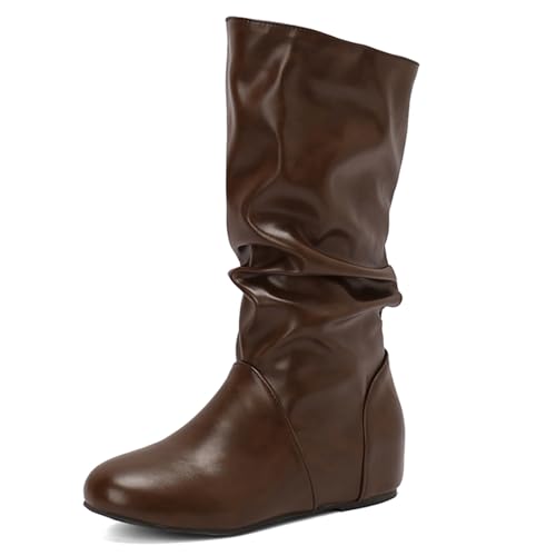Pixoecuty Oversize Damen Slouch Mittleres Wadenstück Flache Stiefel Seitenreißverschluss Wedge Niedriger Absatz Komfort Lässig Stiefel Anziehen Braun US 8.5 von Pixoecuty