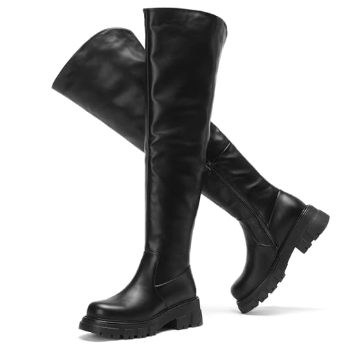 Pixoecuty Schwarz Overknee Stiefel For Damen Weiter Schaft Plattform Over The Knielange Stiefel Profilsohle Low Massiver Absatz SIze 42 von Pixoecuty