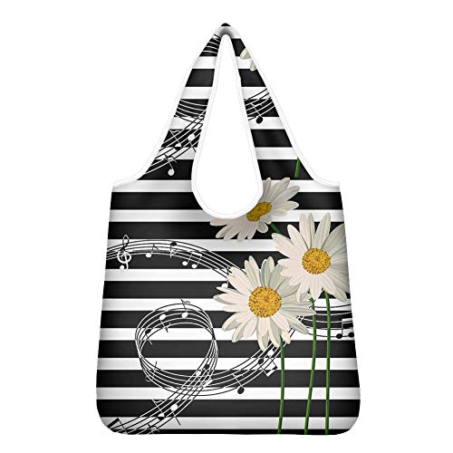 Pizding Schwarze weiße gestreifte Gänseblümchen-Einkaufstasche, große Damen-Handtasche, lässige Umhängetasche, Handtasche, Aquarell-Blume, wiederverwendbar, strapazierfähig, leicht, für draußen von Pizding