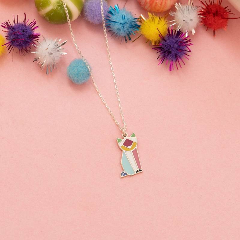 Zierliche Katzen Halskette Sterling Silber Bunter Haustier Schmuck, Kinder Anhänger Geschenk von PizumiLondon