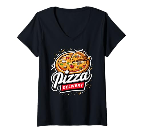 Damen Pizzalieferant Slice Graphic Foodservice-Kunst T-Shirt mit V-Ausschnitt Damen Pizzalieferant Slice Graphic Foodservice-Kunst T-Shirt mit V-Ausschnitt von Pizza Delivery Food Driver Work Style Graphic