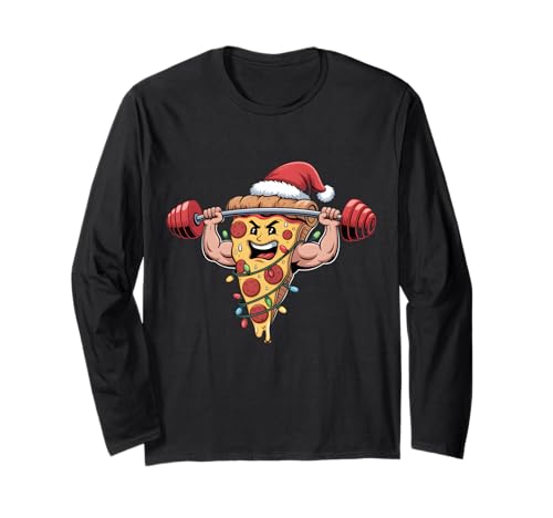 Lustige Pizza Lifting Bodybuilding Weihnachten Männer Jungen Langarmshirt von Pizza Gym Fitness Workout Xmas Lights Santa Hat