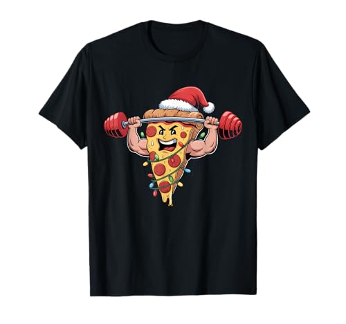 Lustige Pizza Lifting Bodybuilding Weihnachten Männer Jungen T-Shirt von Pizza Gym Fitness Workout Xmas Lights Santa Hat
