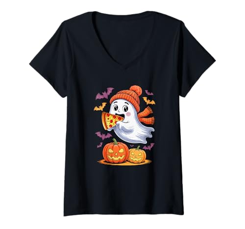 Damen Cute Boo Ghost Eating Pizza Halloween Food Lover Kids Family T-Shirt mit V-Ausschnitt von Pizza Halloween Costume