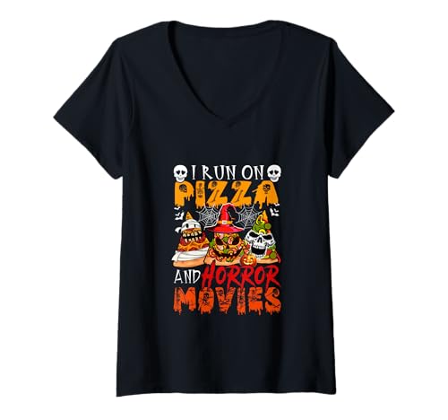 Damen Run On Horror Movies and Pizza Halloween Fast Food Lover T-Shirt mit V-Ausschnitt von Pizza Halloween Costume
