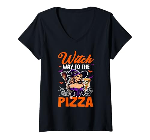 Damen Way to The Pizza Halloween Witch Funny Costume Food Lover T-Shirt mit V-Ausschnitt von Pizza Halloween Costume