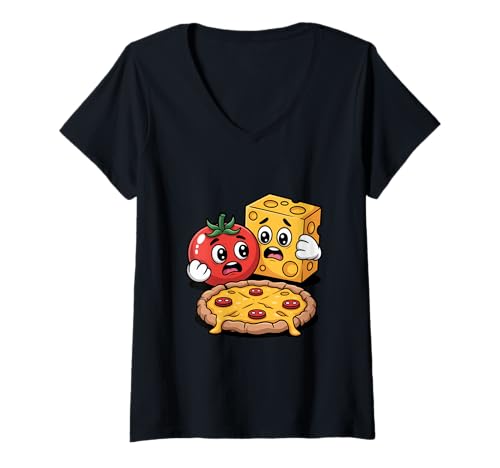 Damen Lustige Tomate Und Kaese Erschrecken Vor Pizza T-Shirt mit V-Ausschnitt Damen Lustige Tomate Und Kaese Erschrecken Vor Pizza T-Shirt mit V-Ausschnitt von Pizza Humor Tomate Kaese Cartoon Kawaii Food