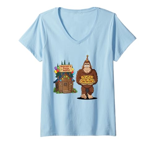 Damen Bigfoot Pizza Party Lustiges Waldkryptidenfest T-Shirt mit V-Ausschnitt Damen Bigfoot Pizza Party Lustiges Waldkryptidenfest T-Shirt mit V-Ausschnitt von Pizza Party Bigfoot Funny Cryptid Cabin Forest