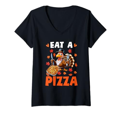 Damen Eat A Pizza Thanksgiving Eating Pizza Saving Turkey Autumn T-Shirt mit V-Ausschnitt Damen Eat A Pizza Thanksgiving Eating Pizza Saving Turkey Autumn T-Shirt mit V-Ausschnitt von Pizza Thanksgiving Costume