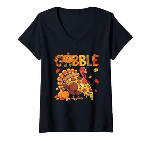 Damen Gobble Thanksgiving Turkey As Pizza Matching Food Lover Kids T-Shirt mit V-Ausschnitt von Pizza Thanksgiving Costume