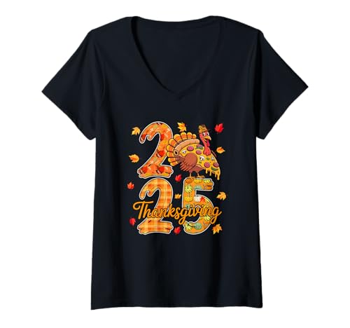 Damen Thanksgiving 2025 Cute Truthahn als Pizza Food Lover Herbst T-Shirt mit V-Ausschnitt von Pizza Thanksgiving Costume