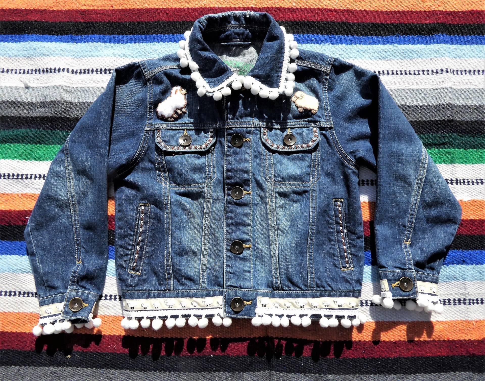 Handgenähte Jeansjacke | Alter 5-6 Mit Schäfchen Und Bommelborte von PizzazzReworked