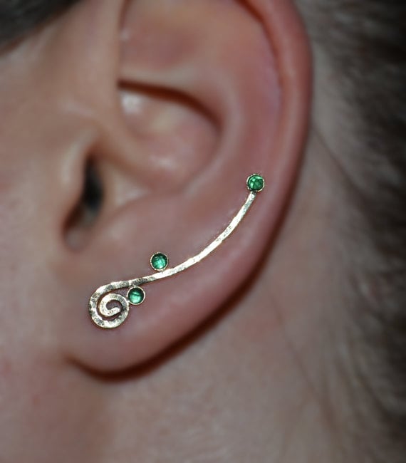 2 Mm Smaragd Ear Climber Ohrstecker // Gold Ohrklemme - Pin Ohrringe Ohr Wickeln Bar von PjCreationsStudio