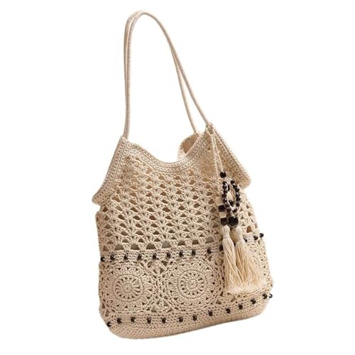 Pjeghbvop Handtasche Mit Perlen Quasten Gewebte Umhängetaschen Großer Kapazität Strandtasche Für Tägliche Nutzung Und Urlaubsfahrten Gewebter Garnbeutel von Pjeghbvop