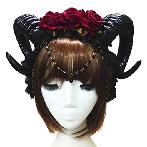 Pjeghbvop Mystical Womens Sheep Horn Stirnband 3 Rose Blumenschmuck Anhänger Kettenhaarief Für Vampire Dämon Gothic Cosplay Kopfkopf von Pjeghbvop
