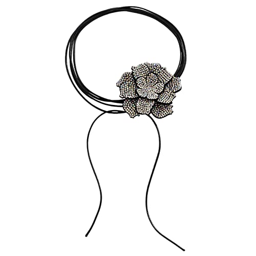Pjeghbvop Vollständige Strasssteine Blumenschluckhalskette Schwarzes Wachs Seilkette Camellia Floren Schnürung Für Frauen Mädchen Cowboy Y2K Multi Layer Statement von Pjeghbvop
