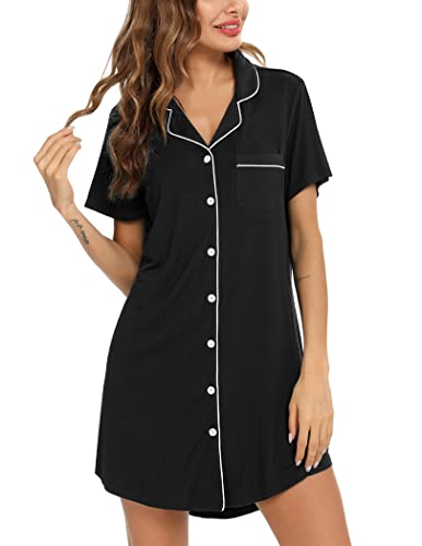 Pjmlifecoco Damen-Nachthemden, kurze Ärmel, Knopfleiste, weiche Nachtwäsche, Pyjama-Kleid, Größe S-XXL, Schwarz, Medium von Pjmlifecoco