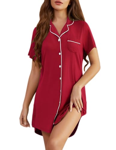 Pjmlifecoco Damen-Nachthemden, kurze Ärmel, Knopfleiste, weiche Nachtwäsche, Pyjama-Kleid, Größe S-XXL, Weinrot, Medium von Pjmlifecoco