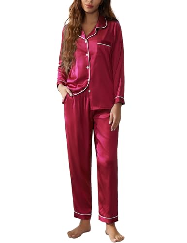 Pjmlifecoco Damen Satin Pyjama Langarm Weiche Seide Pjs Set Button Down Nachtwäsche Zweiteilige Loungewear S-XXL, Weinrot, M von Pjmlifecoco