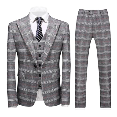 Pkrboro Herren Hahnentritt Anzug dreiteilig Scheitel Revers eine Taste Jacke Weste Hose für Formale/Partei von Pkrboro