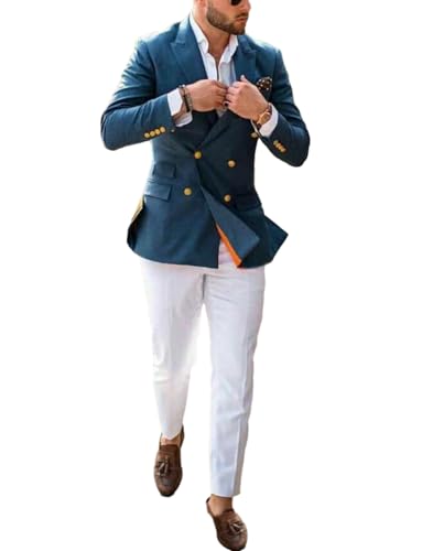 Pkrboro Herren Zweiteiliger Anzug Business Casual Jacke und weiße Hose für die tägliche Freizeit von Pkrboro