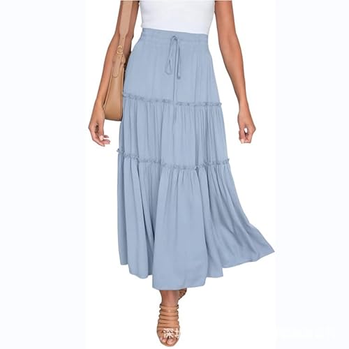 Damen Boho Hohe Taille Rüschen Swing Maxirock mit Taschen Elastische A-Linie Strandrock, hellblau, L von Placitiume