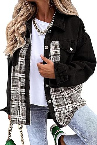 Damen Button Down Denim Jacken für Frauen Mode Langarm Plaid Shacket Jacke, Schwarz , 36 von Placitiume